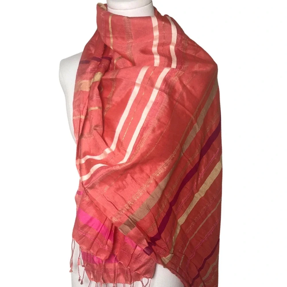 Luminous Metallic Stripe Scarf Talbots Coral Pink Viscose‎ OS